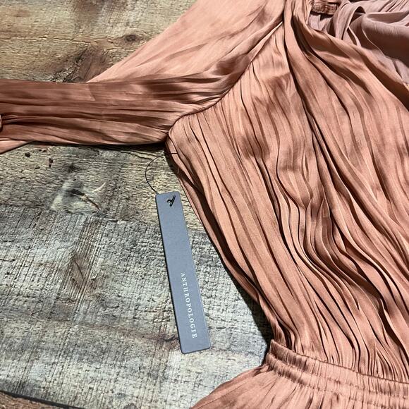 Current Air Anthropologie NEW Women's Rust Dress Sz S Midi Pleated Satin Lined - Picture 5 of 6